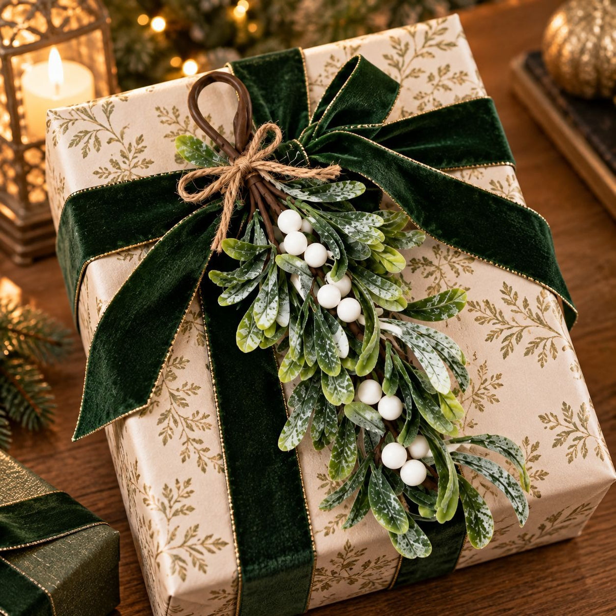 A wrapped gift box tied with a large dark green velvet ribbon and bow, decorated with a faux mistletoe sprig featuring green leaves, white berries, and a brown twine loop, set on a wooden surface with warm holiday lights in the background.