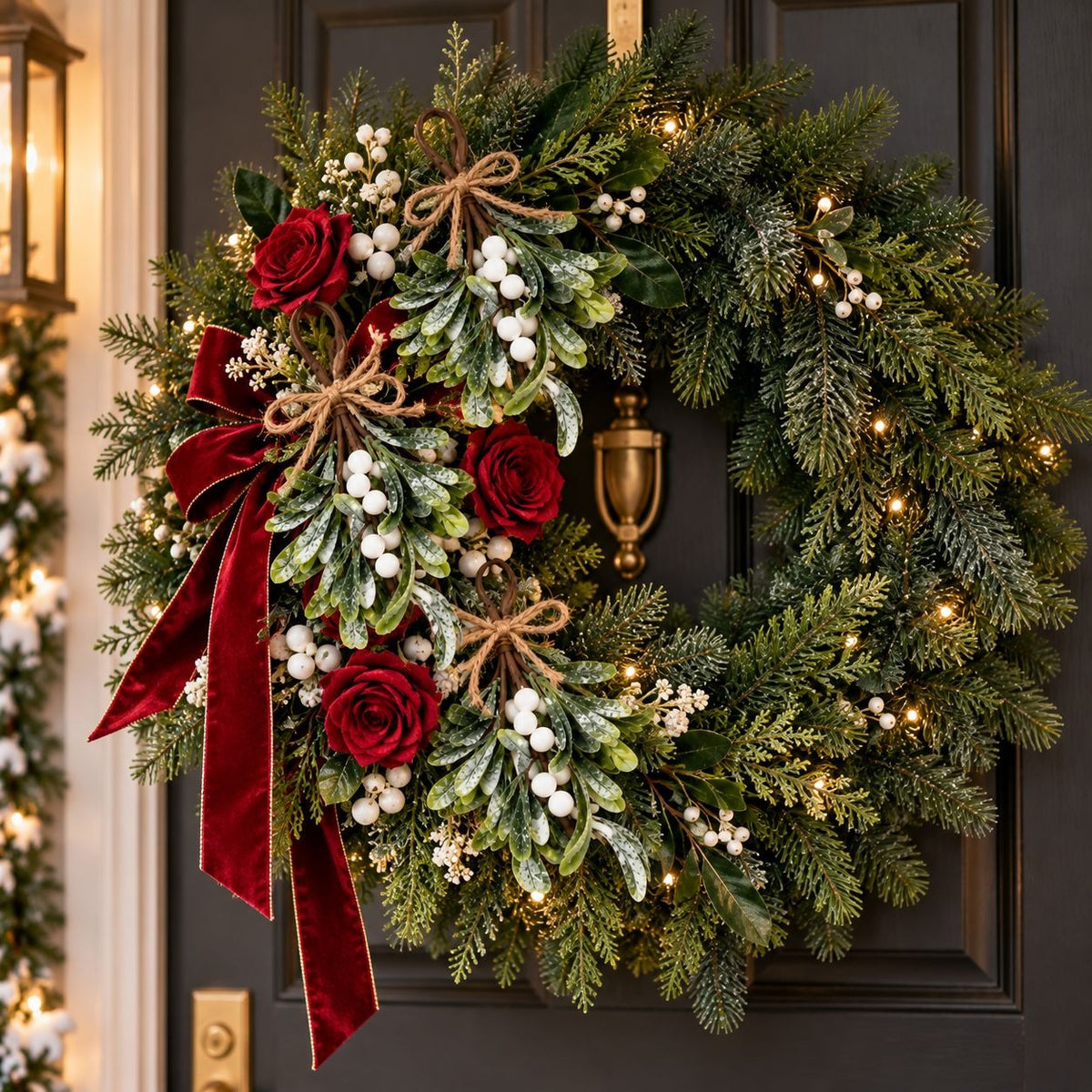A festive Christmas wreath hanging on a dark paneled door, decorated with green pine branches, white berry clusters, three red roses, frosted greenery, twine bows, and a large red velvet ribbon.