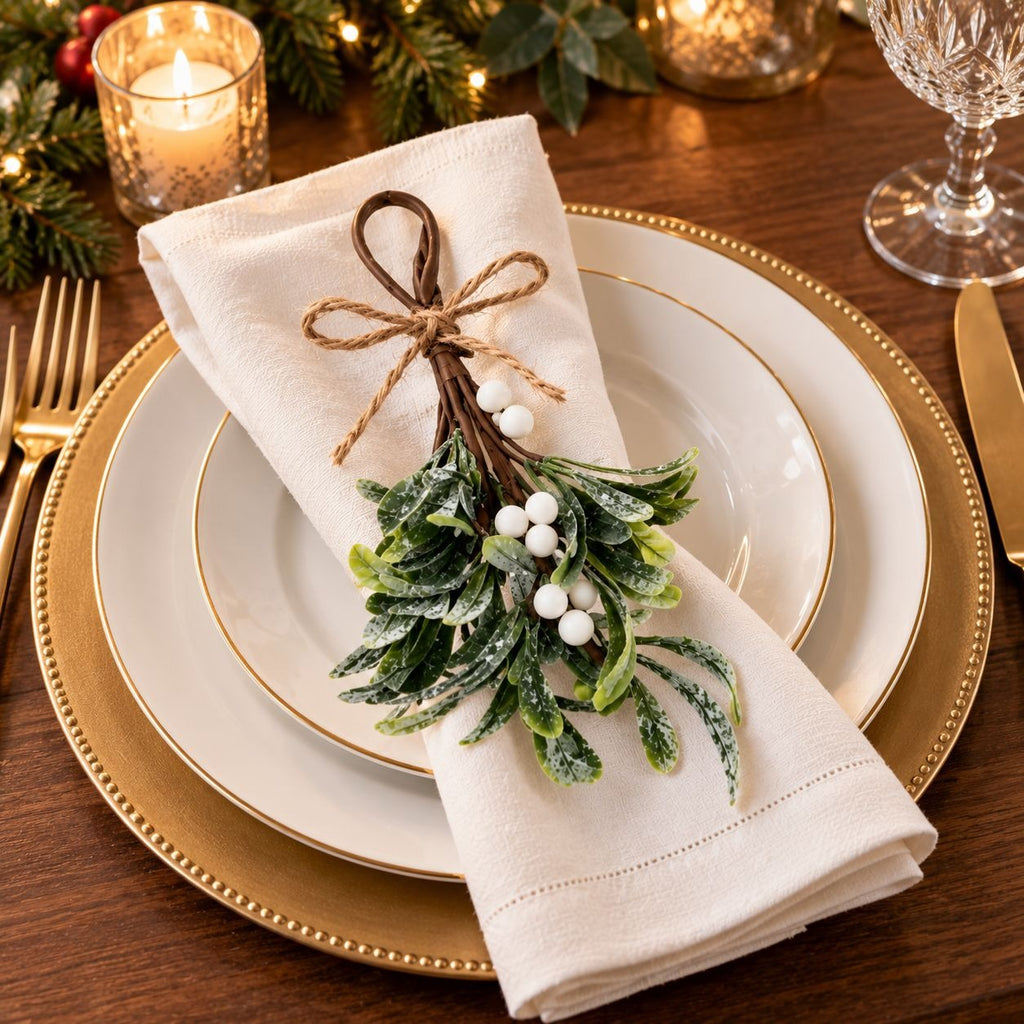 Frosted Faux Mistletoe Sprigs Set of 4, 9in White Berry Christmas Decor