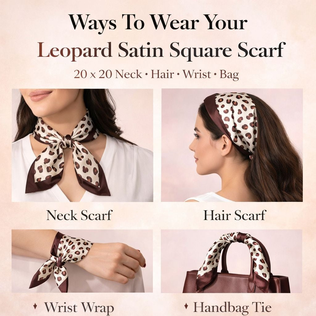  leopard satin square scarf with various ways to wear it