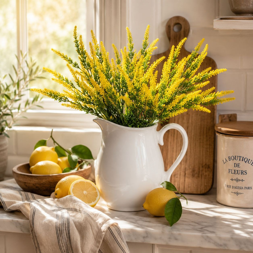 Yellow Faux Lavender Stems Set of 2 | Artificial Salvia Flowers | Faux Greenery Picks | Farmhouse Spring Floral Decor