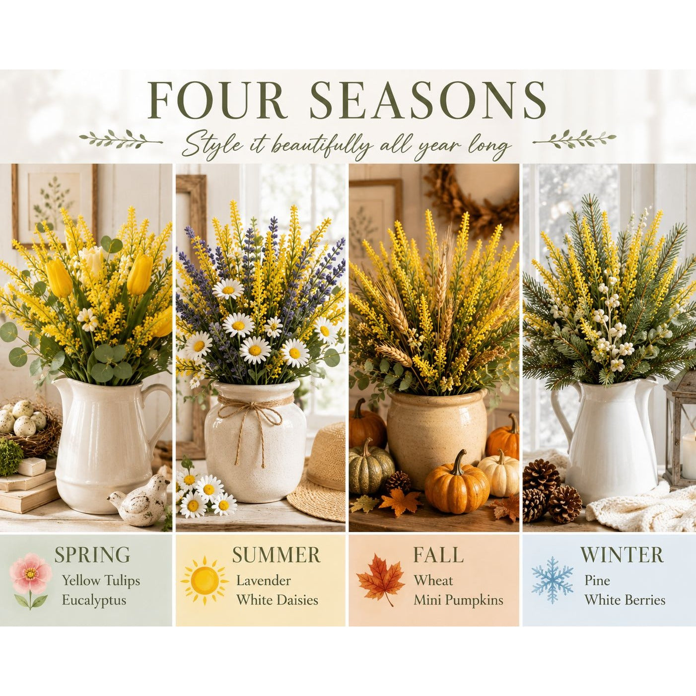 Yellow Faux Lavender Stems Set of 2 | Artificial Salvia Flowers | Faux Greenery Picks | Farmhouse Spring Floral Decor