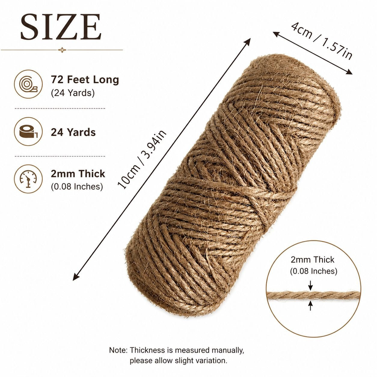 Jute rope with measurements on a white background