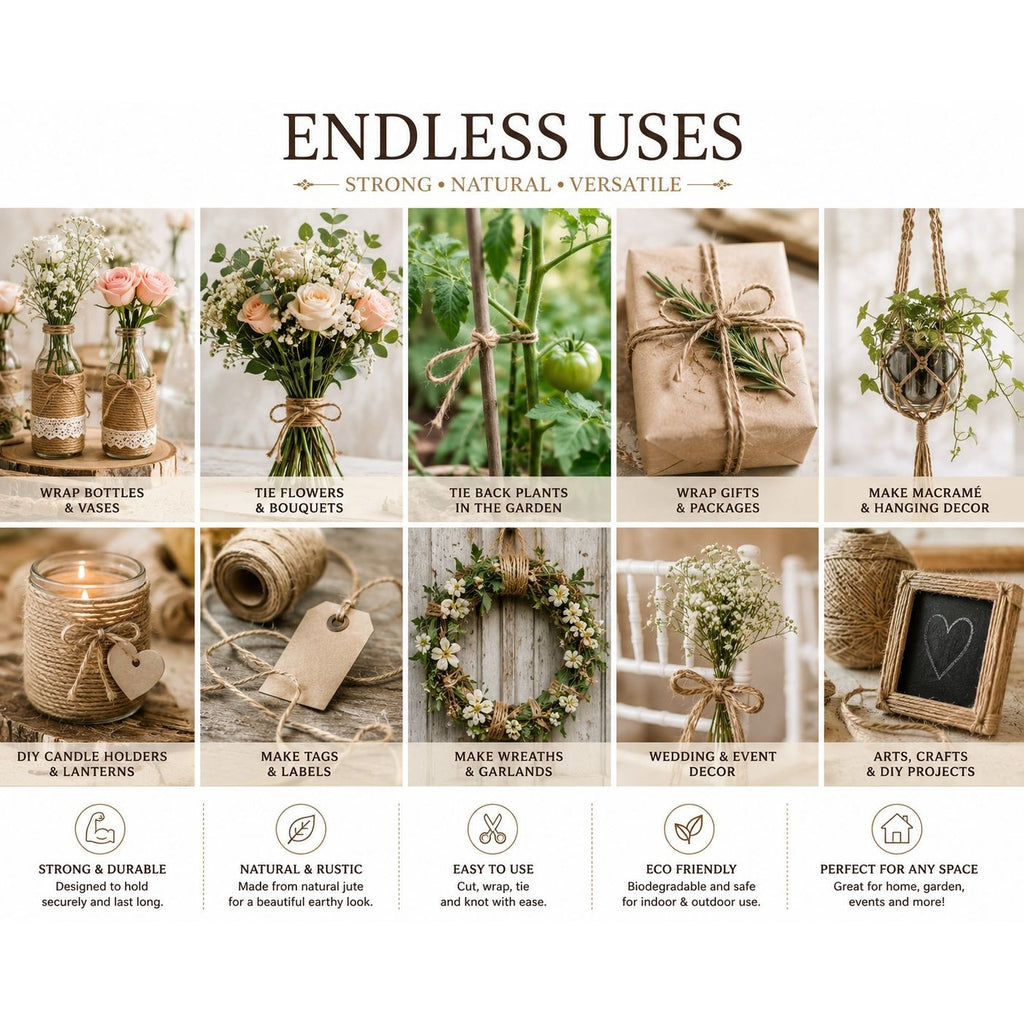 Collage of various uses for twine including wrapping bottles, tying flowers, and making macrame decor.