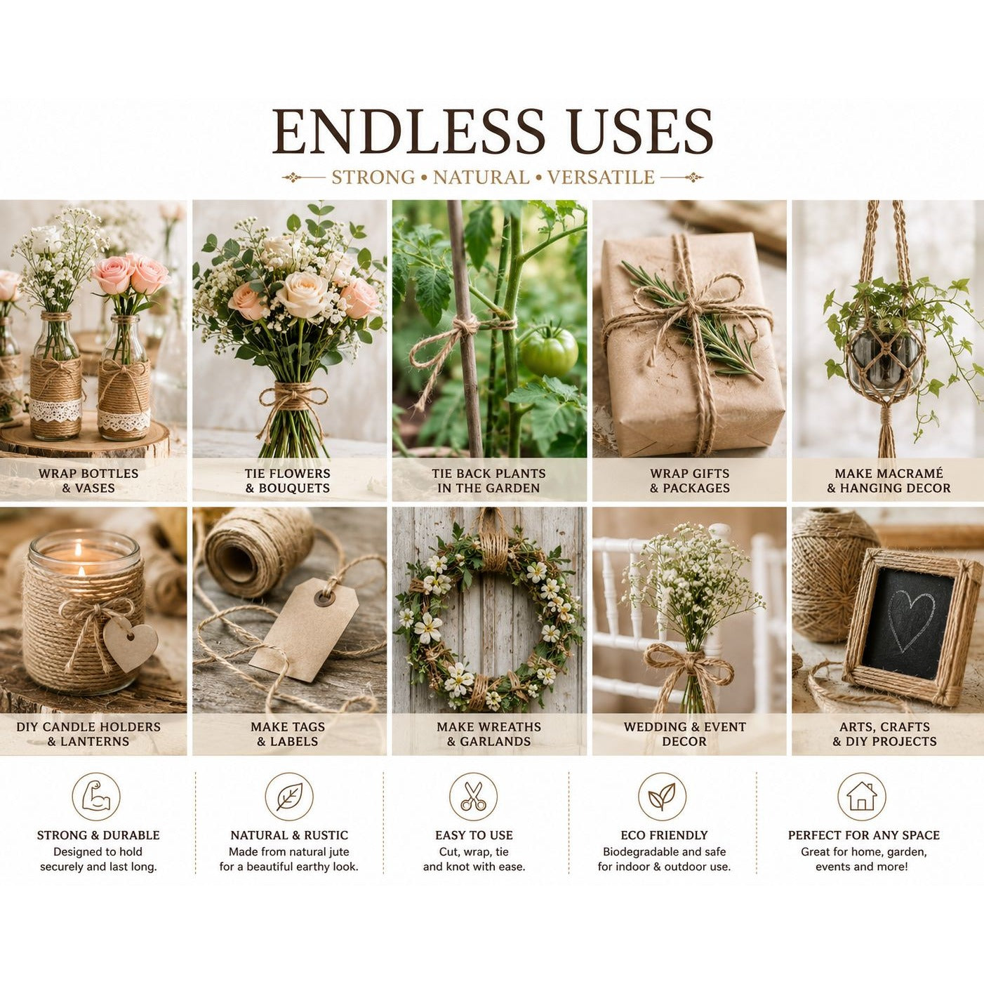 Collage of various uses for twine including wrapping bottles, tying flowers, and making macrame decor.