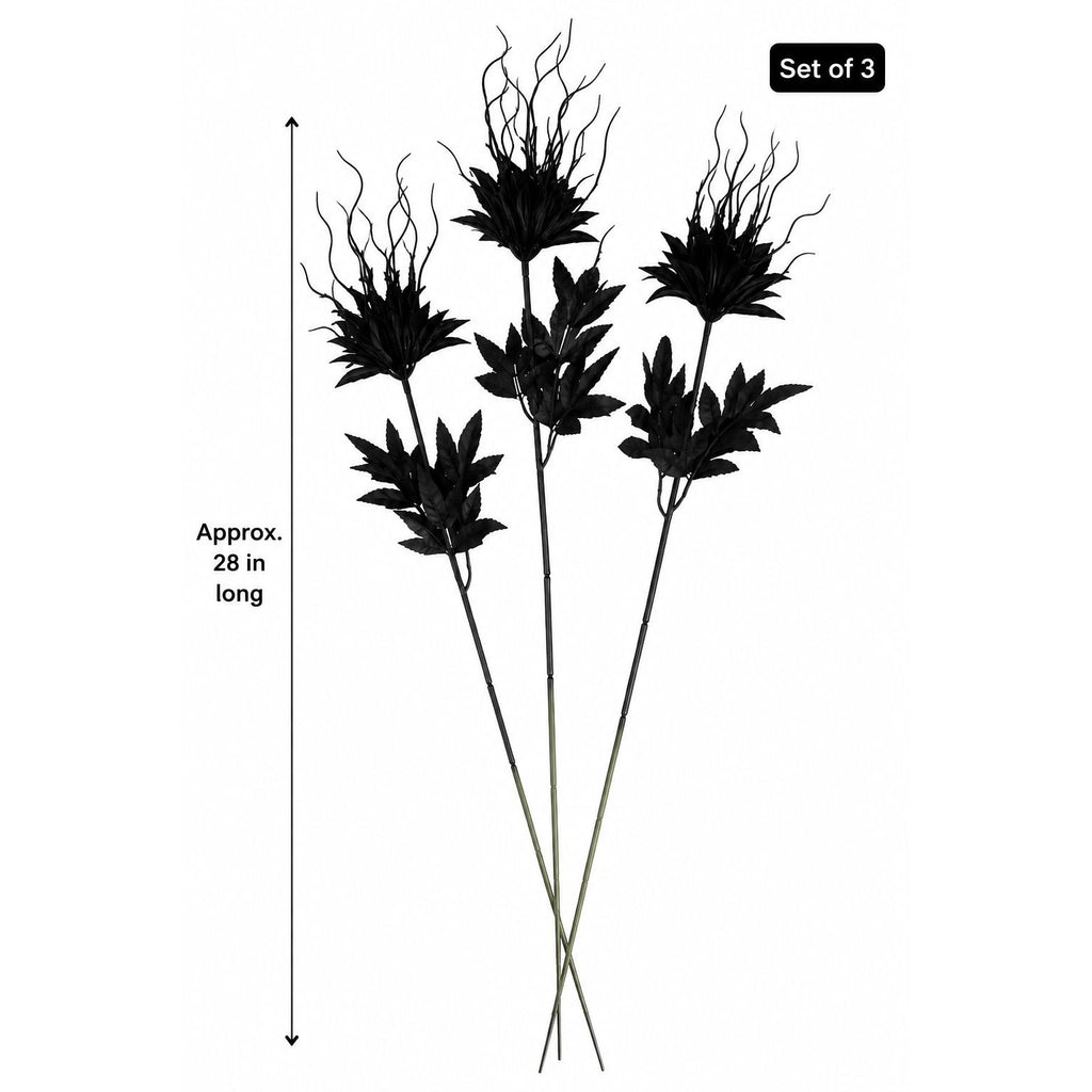 Set of 3 Black Halloween Flowers, 28 Inch Artificial Silk Stems, Wired Gothic Focal Blooms for Moody Decor
