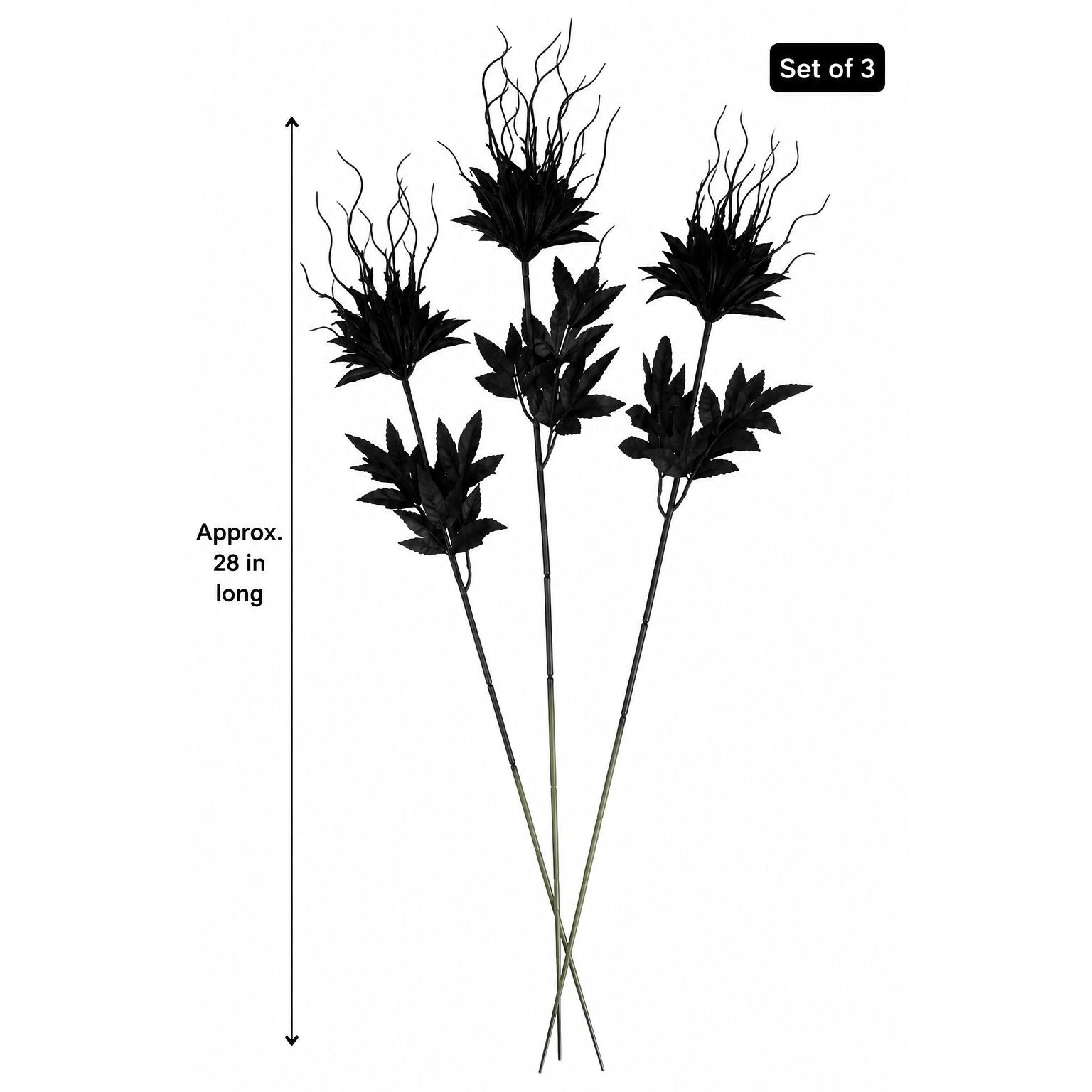 Set of 3 Black Halloween Flowers, 28 Inch Artificial Silk Stems, Wired Gothic Focal Blooms for Moody Decor