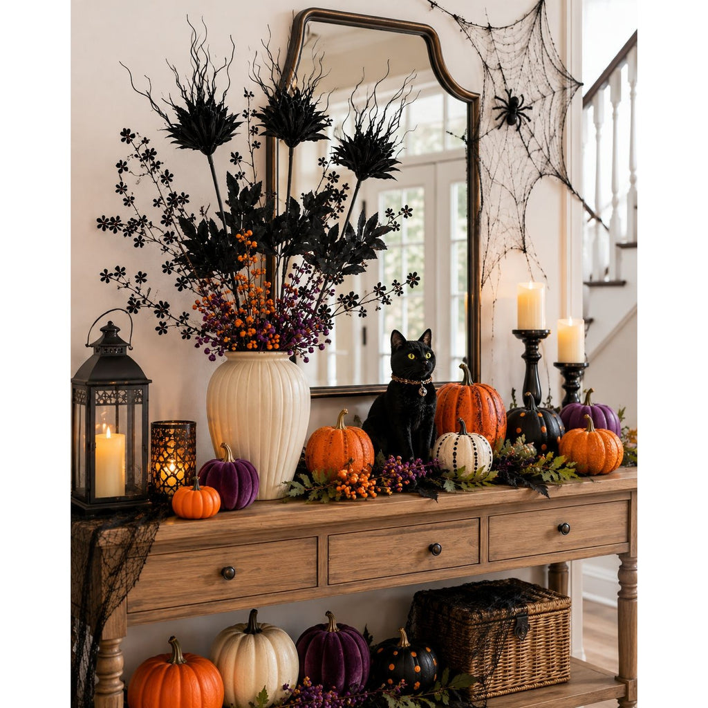 Set of 3 Black Halloween Flowers, 28 Inch Artificial Silk Stems, Wired Gothic Focal Blooms for Moody Decor
