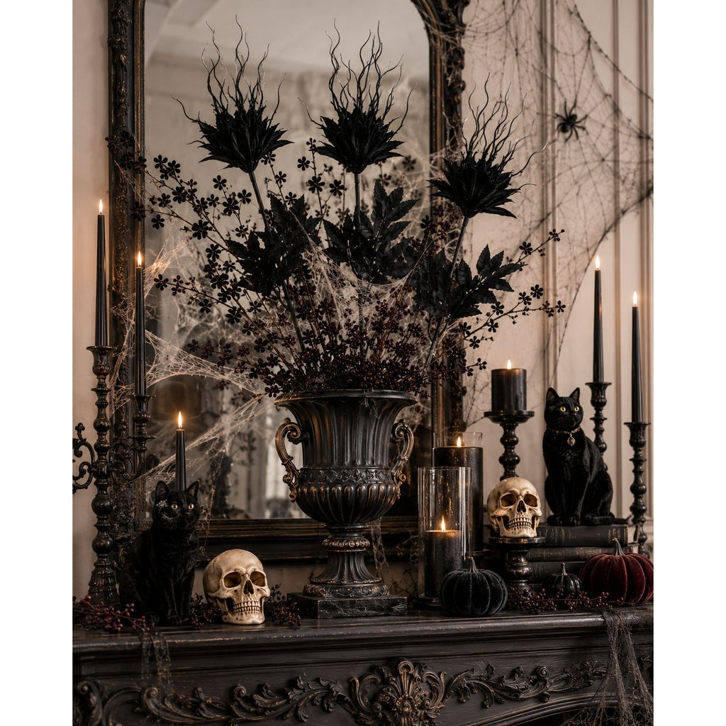 Set of 3 Black Halloween Flowers, 28 Inch Artificial Silk Stems, Wired Gothic Focal Blooms for Moody Decor