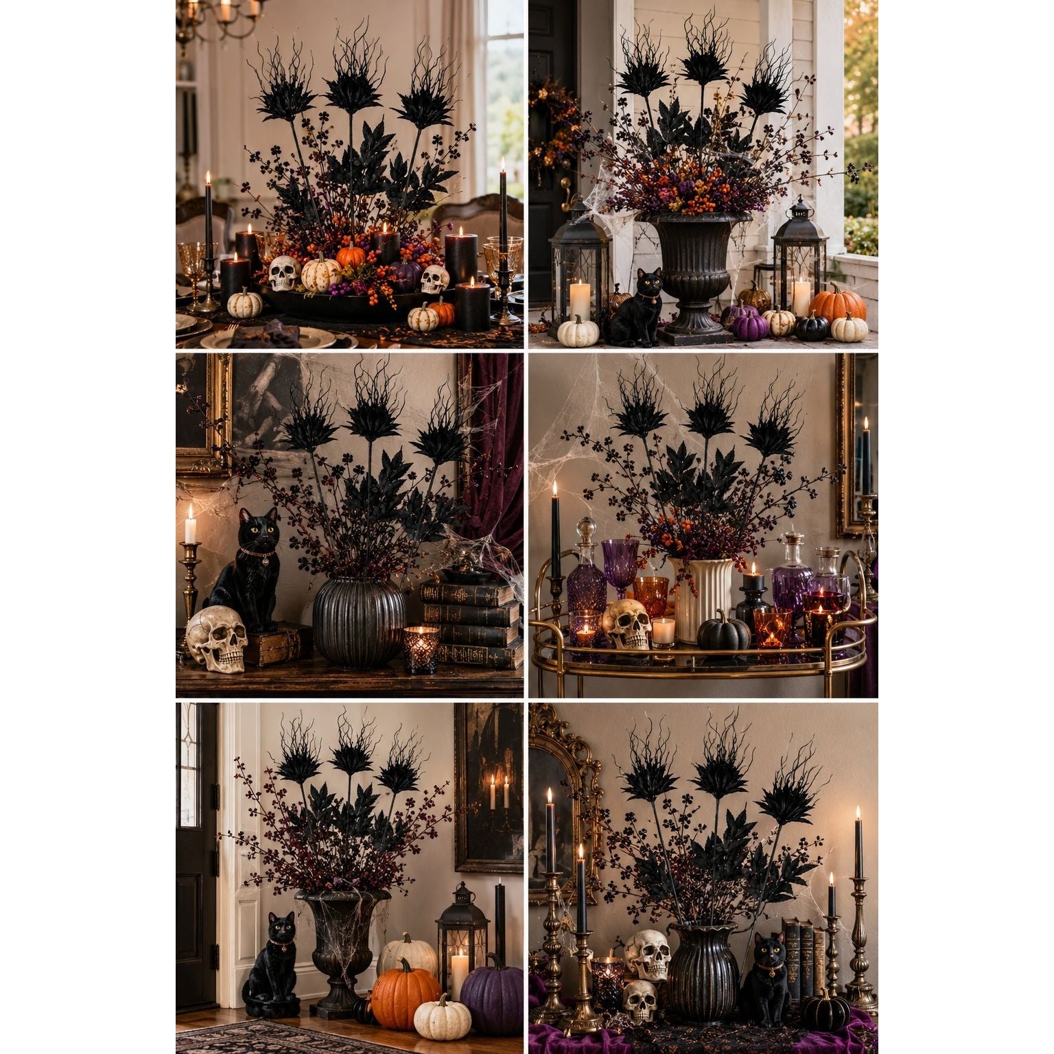 Set of 3 Black Halloween Flowers, 28 Inch Artificial Silk Stems, Wired Gothic Focal Blooms for Moody Decor