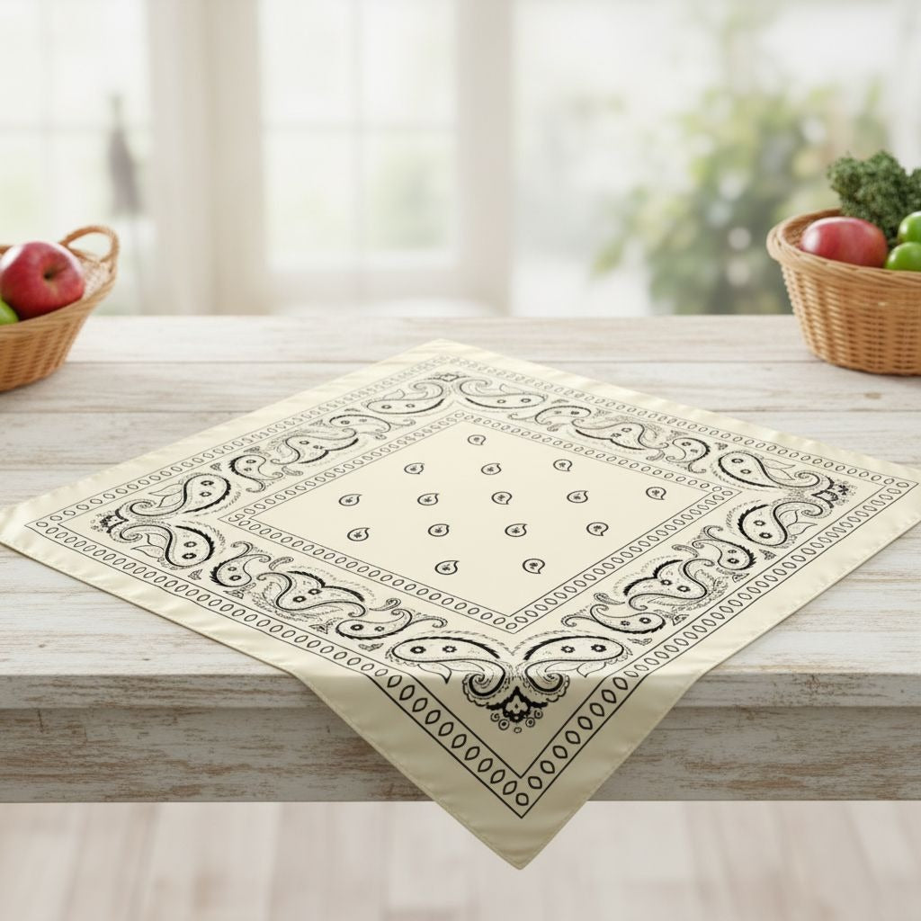 Ivory Black Paisley Wild Rag Scarf, 35 x 35 Inch Satin Square
