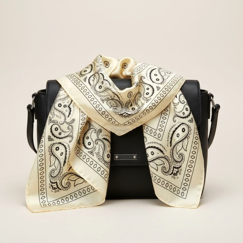 Ivory Black Paisley Wild Rag Scarf, 35 x 35 Inch Satin Square