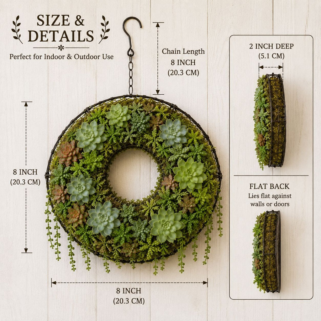 Moss wreath with measurements and details on a light wooden background