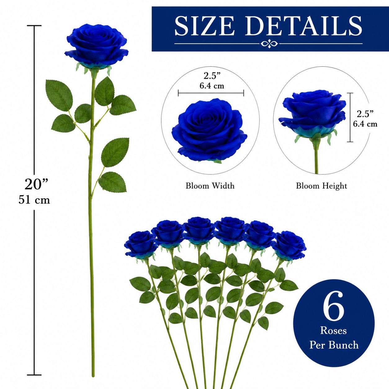 Royal Blue Artificial Roses 6 Stems Faux Silk Rose Bouquet Wedding Flowers Home Decor Floral Supplies Centerpiece Decor