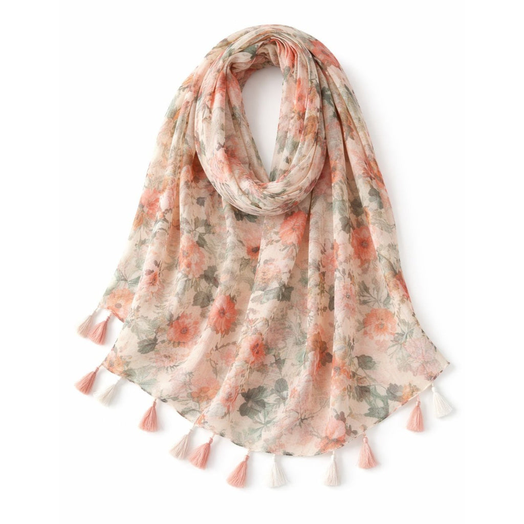Lightweight Floral Scarf for Women, Soft Spring Summer Shawl Wrap with Tassels, Elegant Sheer Fashion Scarf for Beach Travel Head Covering