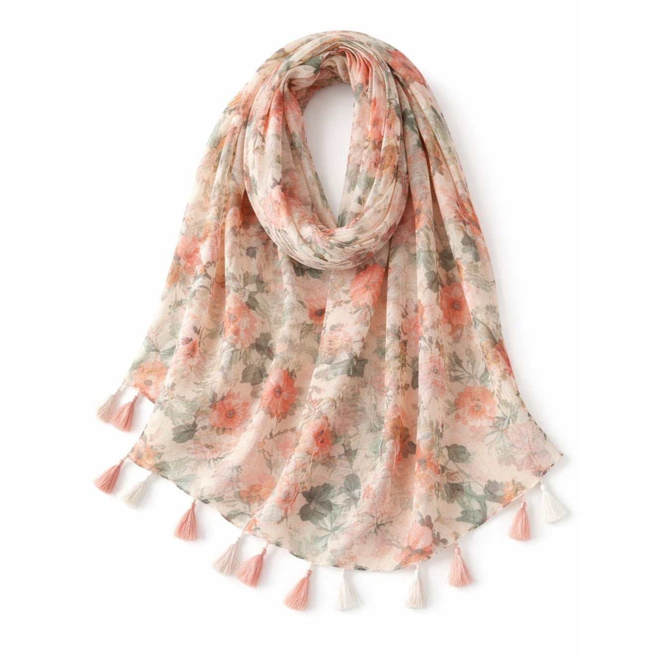 Lightweight Floral Scarf for Women, Soft Spring Summer Shawl Wrap with Tassels, Elegant Sheer Fashion Scarf for Beach Travel Head Covering