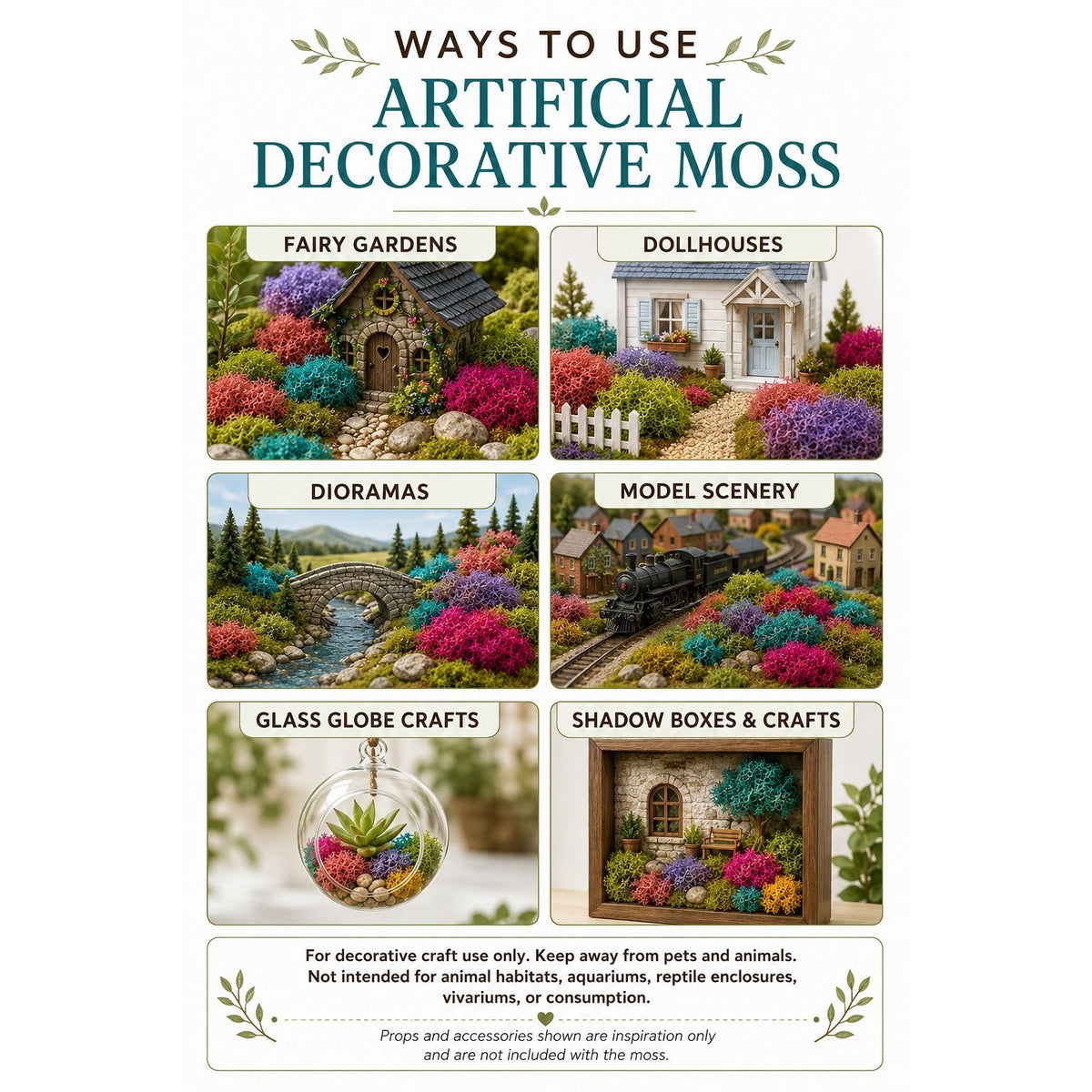 Multicolor Artificial Moss Pink Teal Purple Green Yellow 1.09 oz Fairy Garden Miniature Diorama Craft Moss