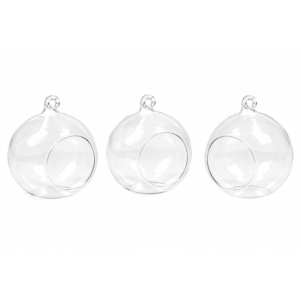 Three clear glass terrarium balls with hanging loops, arranged side by side on a plain white background.