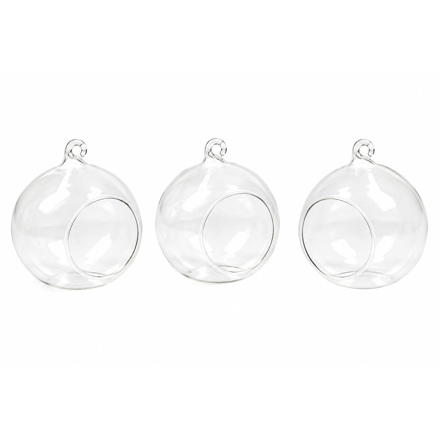 Three clear glass terrarium balls with hanging loops, arranged side by side on a plain white background.