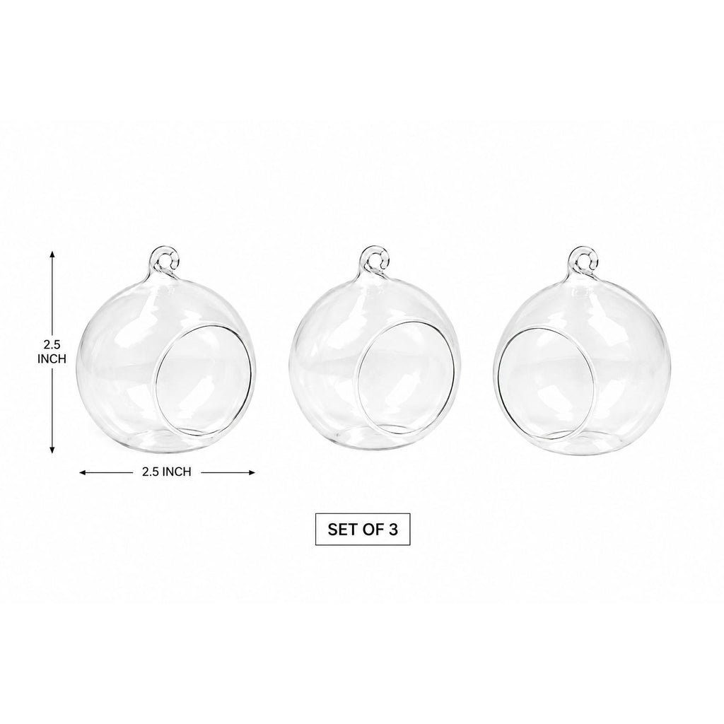 Clear Glass Hanging Orbs Set of 3 Mini Terrarium Christmas Ornaments 2.5 Inch with Jute Twine