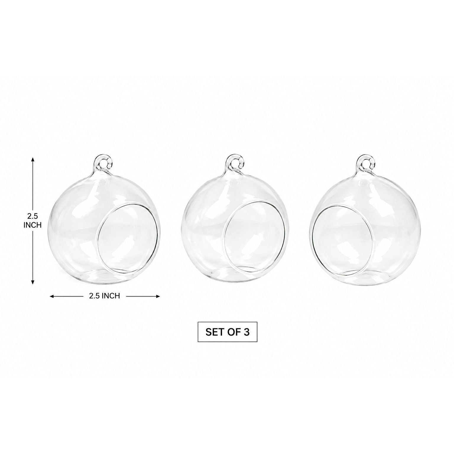 Clear Glass Hanging Orbs Set of 3 Mini Terrarium Christmas Ornaments 2.5 Inch with Jute Twine
