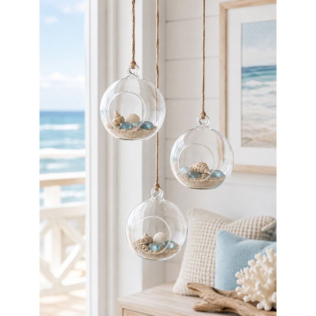 Clear Glass Hanging Orbs Set of 3 Mini Terrarium Christmas Ornaments 2.5 Inch with Jute Twine