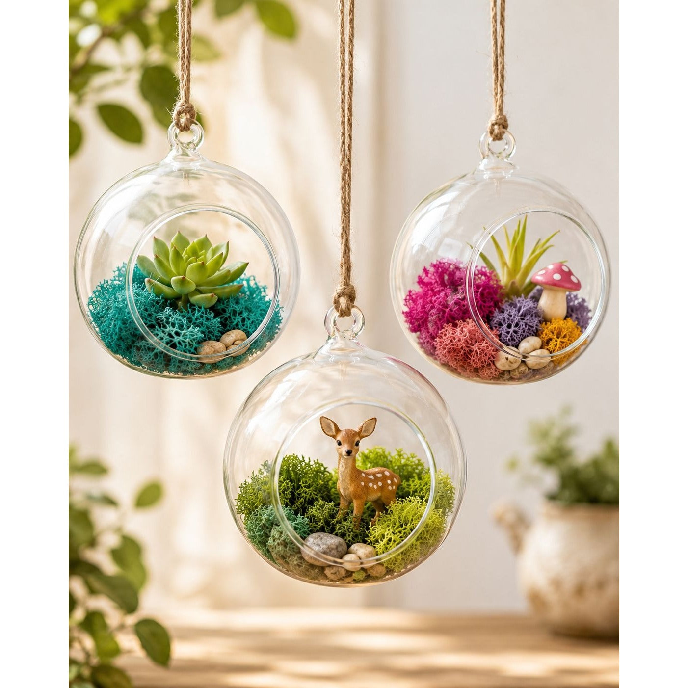 Clear Glass Hanging Orbs Set of 3 Mini Terrarium Christmas Ornaments 2.5 Inch with Jute Twine