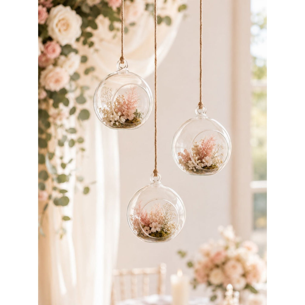 Clear Glass Hanging Orbs Set of 3 Mini Terrarium Christmas Ornaments 2.5 Inch with Jute Twine