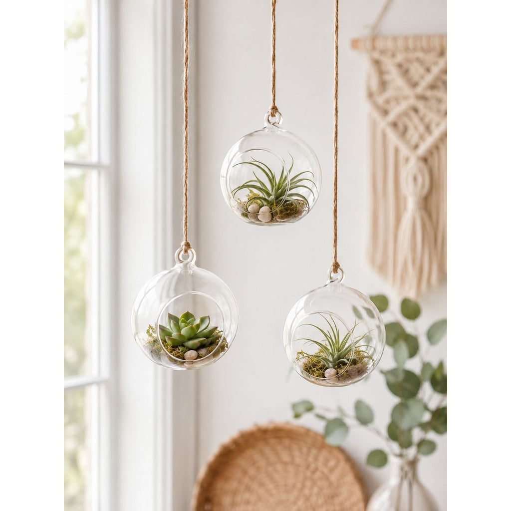 Clear Glass Hanging Orbs Set of 3 Mini Terrarium Christmas Ornaments 2.5 Inch with Jute Twine