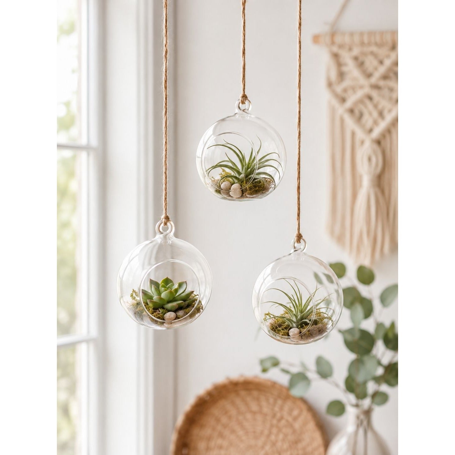 Clear Glass Hanging Orbs Set of 3 Mini Terrarium Christmas Ornaments 2.5 Inch with Jute Twine