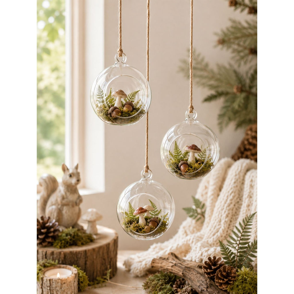 Clear Glass Hanging Orbs Set of 3 Mini Terrarium Christmas Ornaments 2.5 Inch with Jute Twine