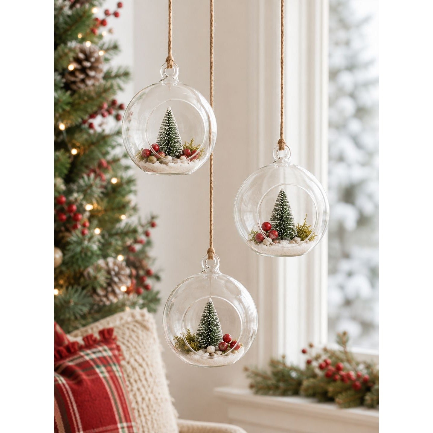 Clear Glass Hanging Orbs Set of 3 Mini Terrarium Christmas Ornaments 2.5 Inch with Jute Twine