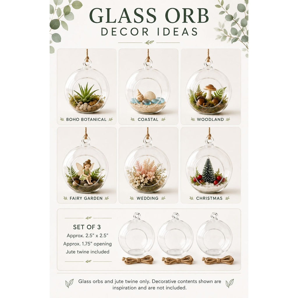 Clear Glass Hanging Orbs Set of 3 Mini Terrarium Christmas Ornaments 2.5 Inch with Jute Twine