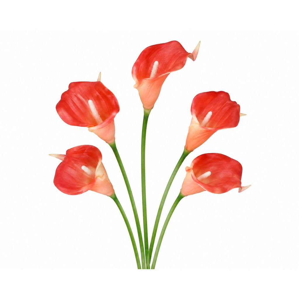 Coral Red Calla Lily Stems, Set of 5, 15-Inch Artificial Flowers