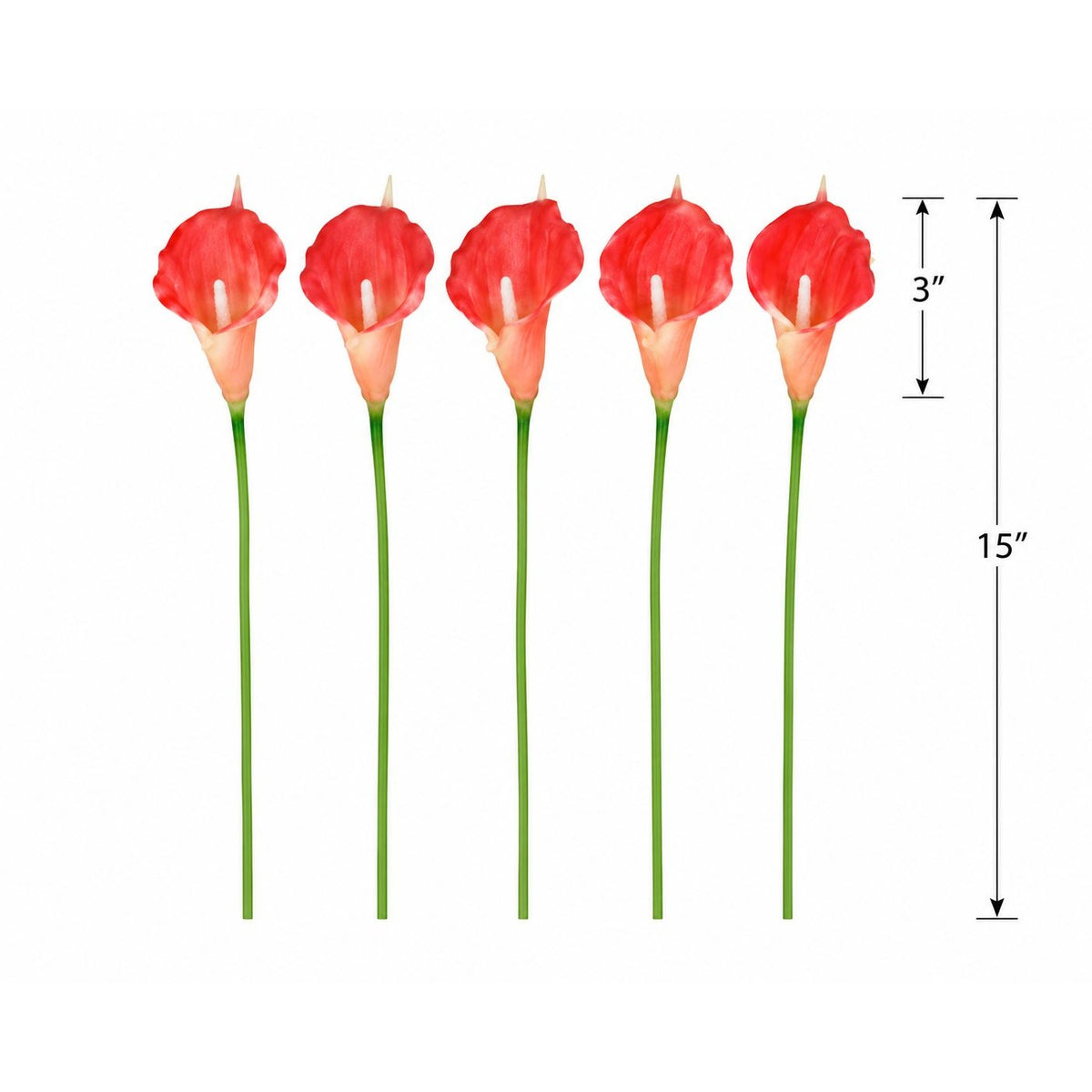 Coral Red Calla Lily Stems, Set of 5, 15-Inch Artificial Flowers