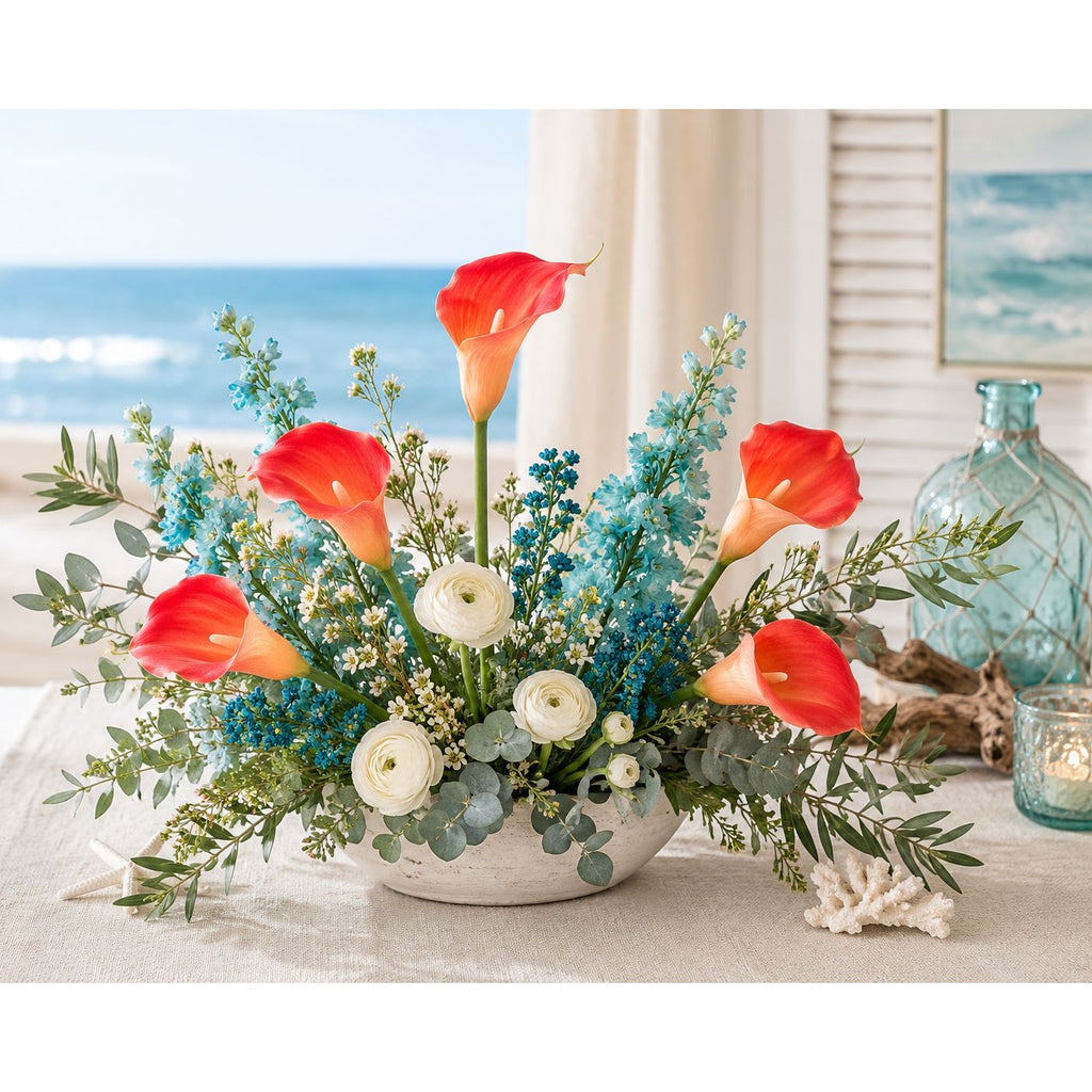 Coral Red Calla Lily Stems, Set of 5, 15-Inch Artificial Flowers