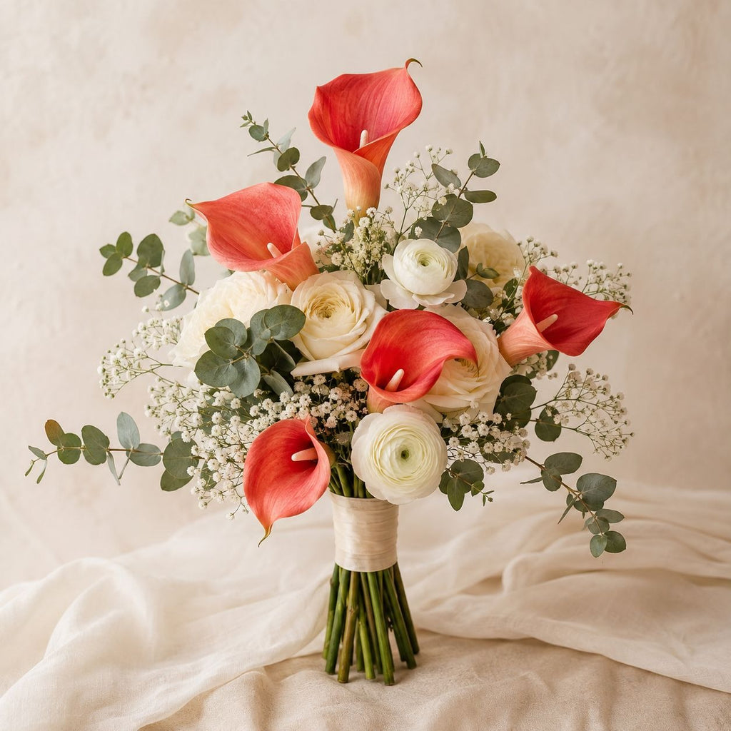 Coral Red Calla Lily Stems, Set of 5, 15-Inch Artificial Flowers