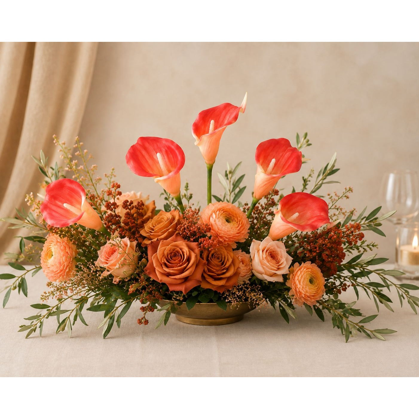 Coral Red Calla Lily Stems, Set of 5, 15-Inch Artificial Flowers