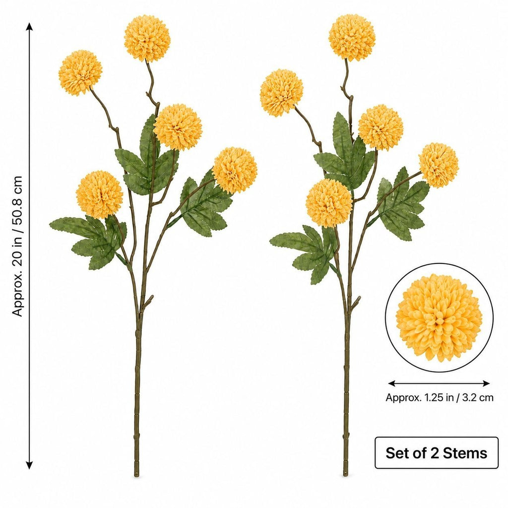 Light Autumn Yellow Pom Pom Chrysanthemum Stems Set of 2, 20 Inch Faux Silk Flowers for Fall Arrangements
