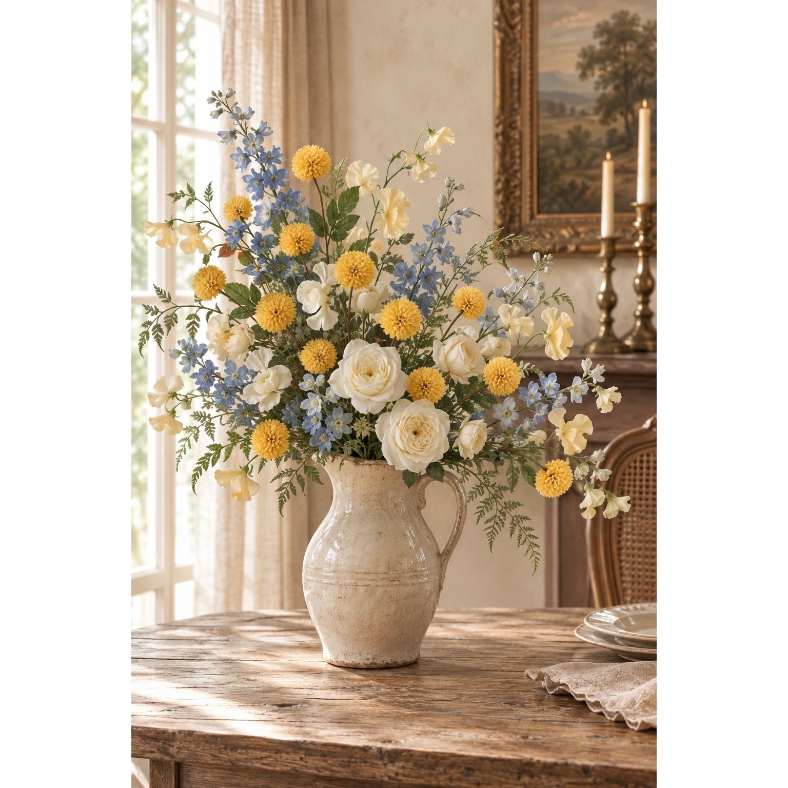 Light Autumn Yellow Pom Pom Chrysanthemum Stems Set of 2, 20 Inch Faux Silk Flowers for Fall Arrangements