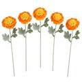 Orange Yellow Artificial Ranunculus Flowers Set of 5, 15 Inch Faux Stems, Fall Wedding Bouquet, Autumn Wreath Floral Decor