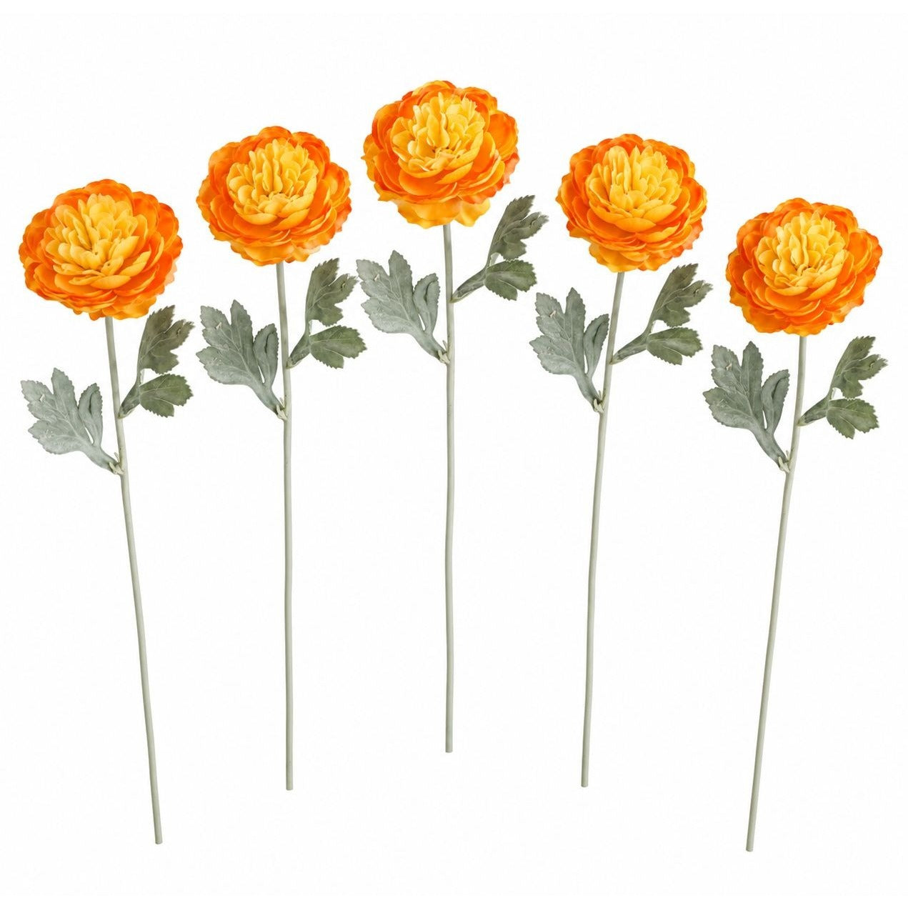 Orange Yellow Artificial Ranunculus Flowers Set of 5, 15 Inch Faux Stems, Fall Wedding Bouquet, Autumn Wreath Floral Decor