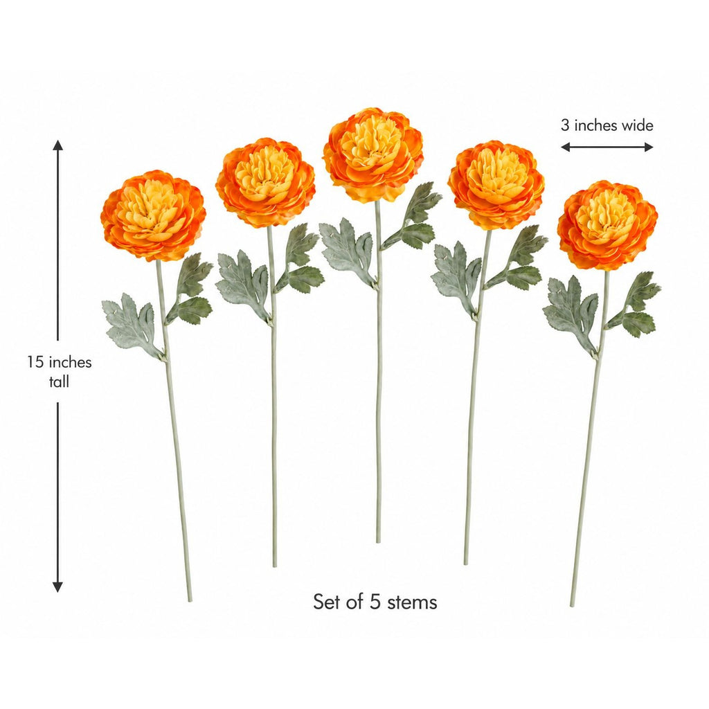 Orange Yellow Artificial Ranunculus Flowers Set of 5, 15 Inch Faux Stems, Fall Wedding Bouquet, Autumn Wreath Floral Decor