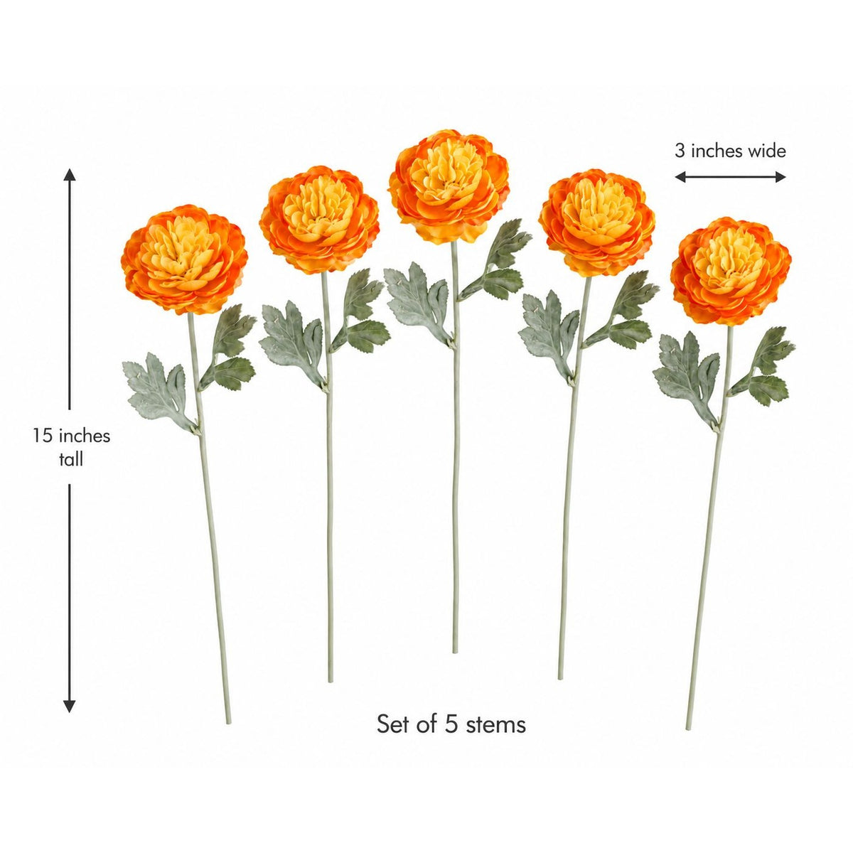 Orange Yellow Artificial Ranunculus Flowers Set of 5, 15 Inch Faux Stems, Fall Wedding Bouquet, Autumn Wreath Floral Decor