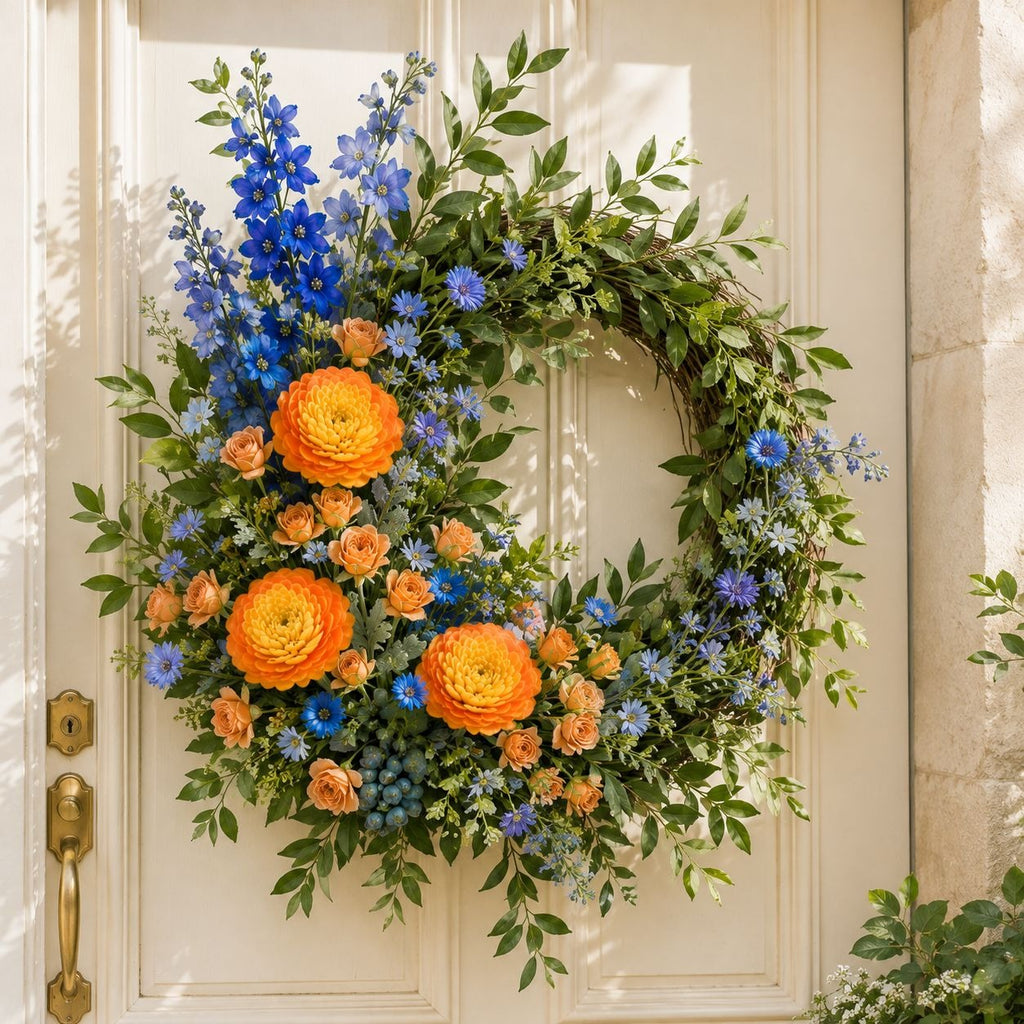 A large floral wreath hanging on a cream-colored paneled door. The wreath features vibrant orange ranunculus, blue delphiniums, small blue flowers, and green foliage.