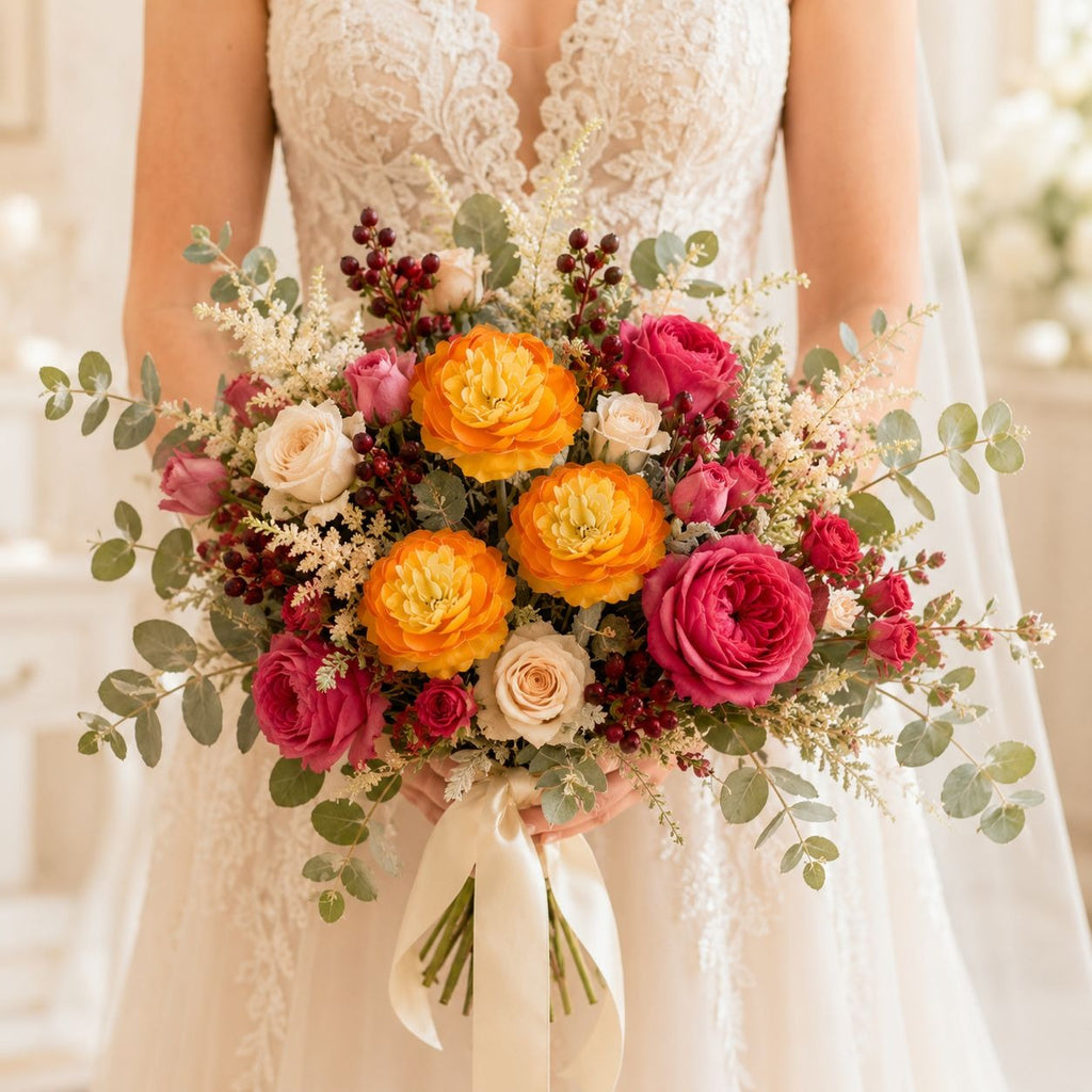 A bridal bouquet filled with vibrant orange and pink flowers, cream roses, green eucalyptus, and burgundy berries, held by a bride in a white lace wedding dress.