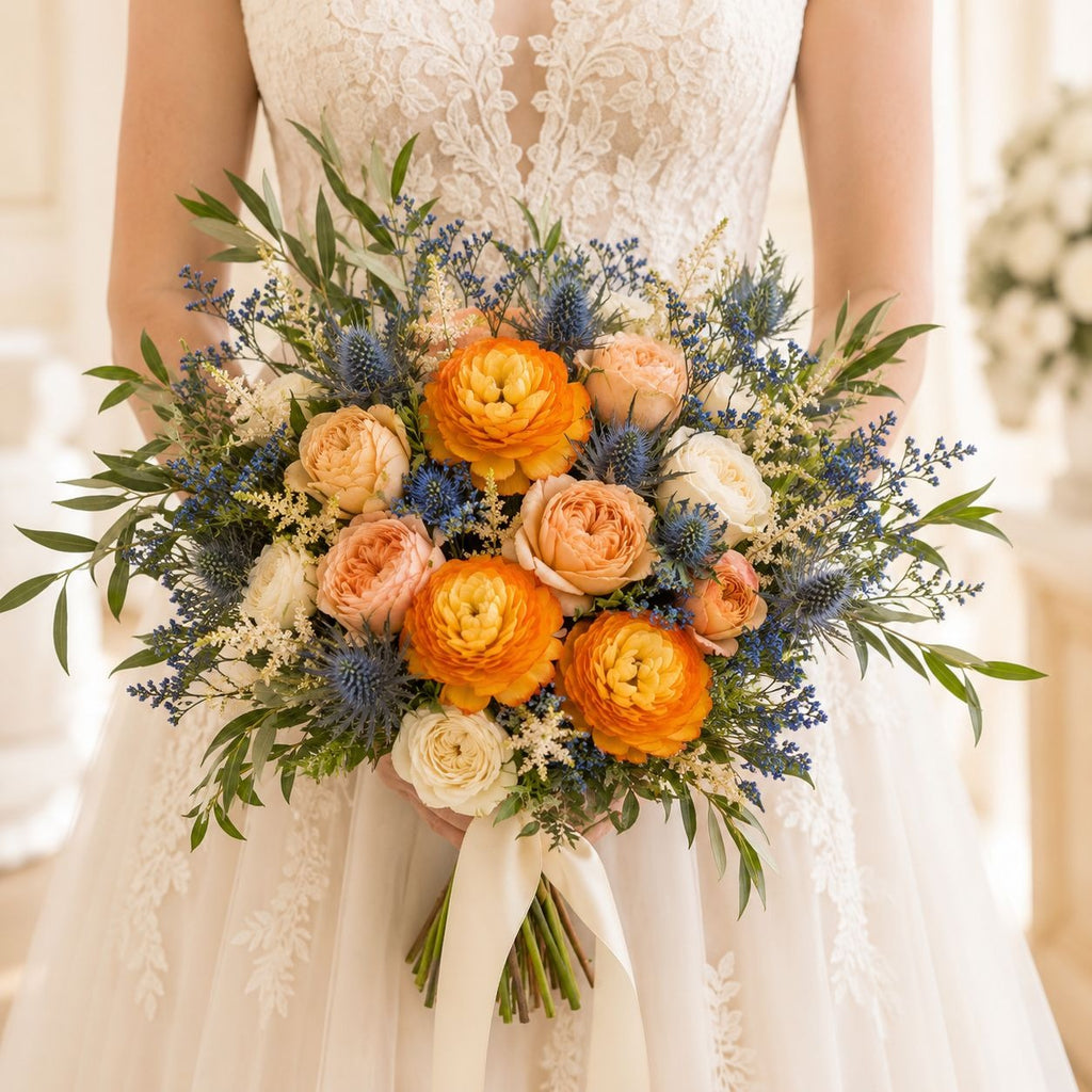 A bridal bouquet with orange ranunculus, peach roses, blue thistle, and green foliage held by a person in a white lace wedding dress.
