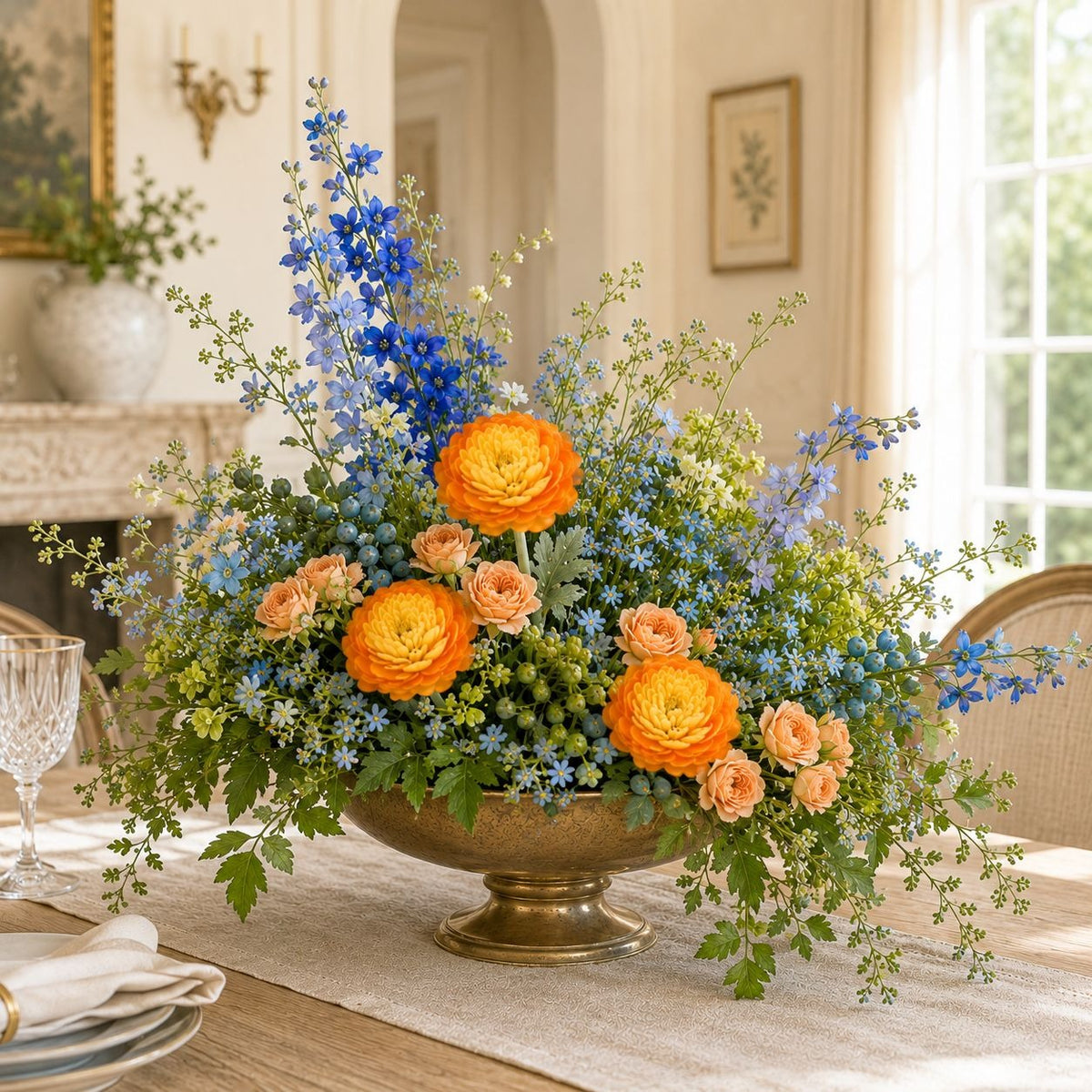 A large, lush floral centerpiece arrangement in a bronze pedestal bowl, featuring vibrant orange ranunculus, blue delphiniums, and peach roses with green foliage, set on a dining table in a warm, elegant room.