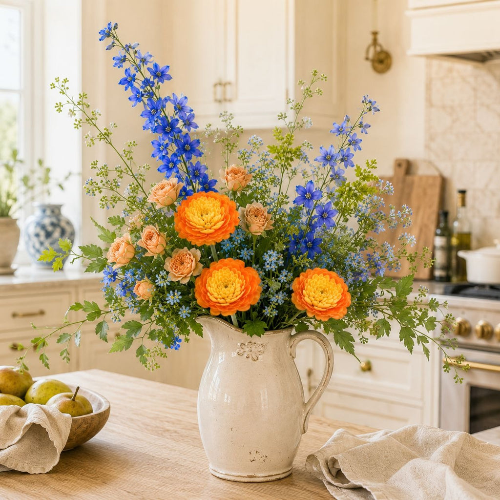 Orange Yellow Artificial Ranunculus Flowers Set of 5, 15 Inch Faux Stems, Fall Wedding Bouquet, Autumn Wreath Floral Decor