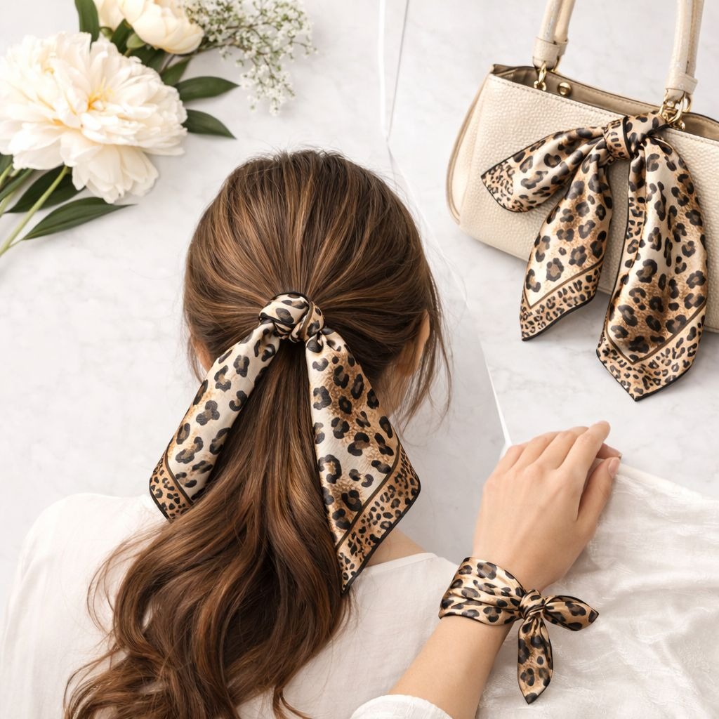 Leopard Print Satin Scarf 20x20 Women's Hair Tie Neck Wrist Wrap